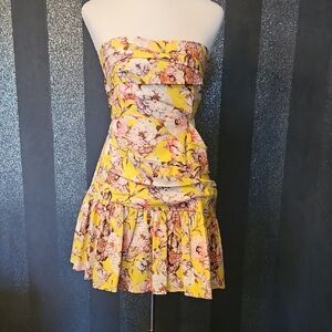 Bardot Yellow Floral Strapless Ruffled Sundress Worn 1x..linen Blend